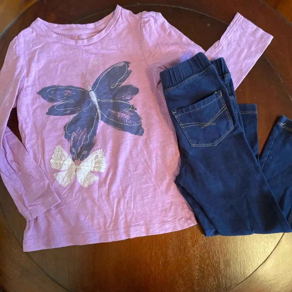 Gap Outfit purple long sleeve butterfly shirt pull on jeans size 4T